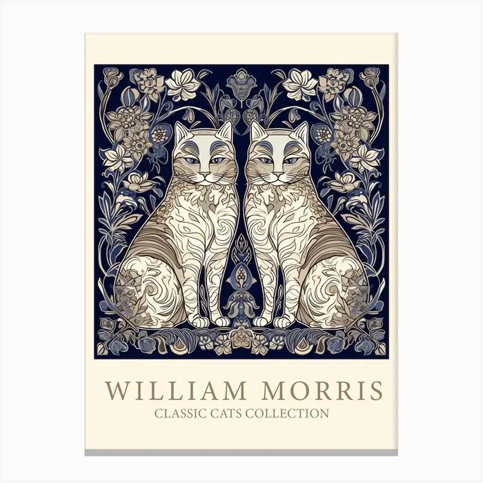 William Morris Inspired Classic Cats Brown And White Blue Canvas Print by Mambo