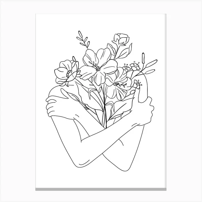 Woman Flowers Line Art Canvas Print by Tinteriaprint