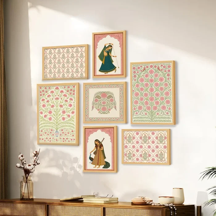 Womens Floral Indian Folk Art Wall Art Print Paintings, set of 7 | Digital Framed Painting 30×42, 21×30, 30×30 cm