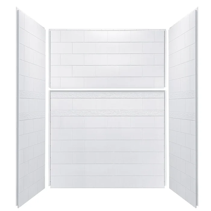 Woodbridge Solid Surface 60 ” W X 32” D X 79 ” H Shower Wall Panel Surround, Two Install Option, Cuttable, Staggered Brick Pattern