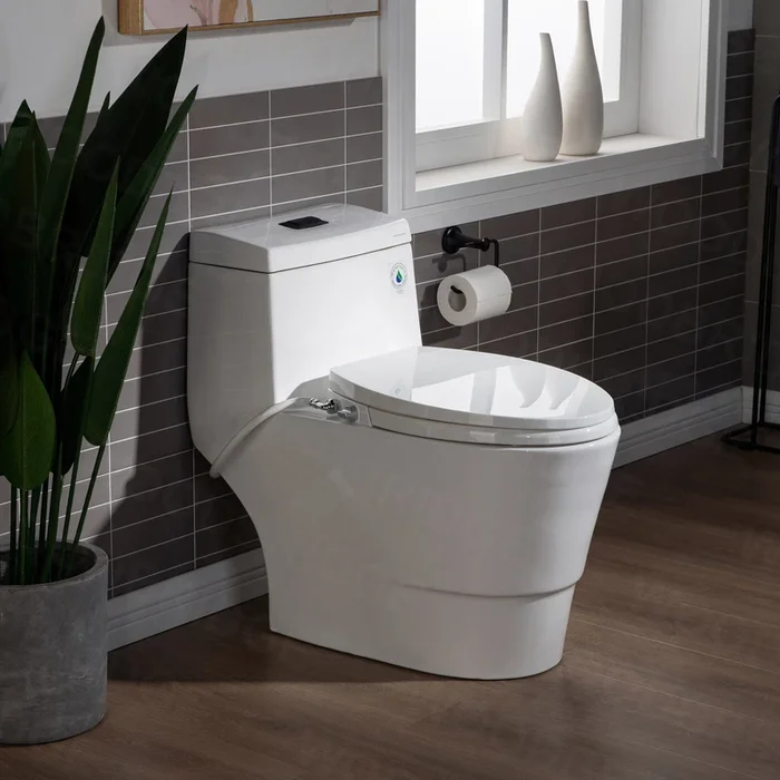 WOODBRIDGE T-0042 One Piece 1.1GPF/1.6 GPF Dual Flush Elongated Toilet with Non-Electric Toilet Seat in White