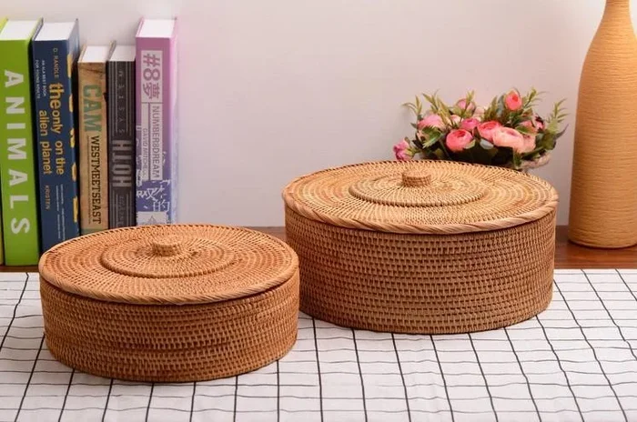 Woven Storage Basket with Lid, Large Rattan Storage Basket, Woven Round Basket for Kitchen