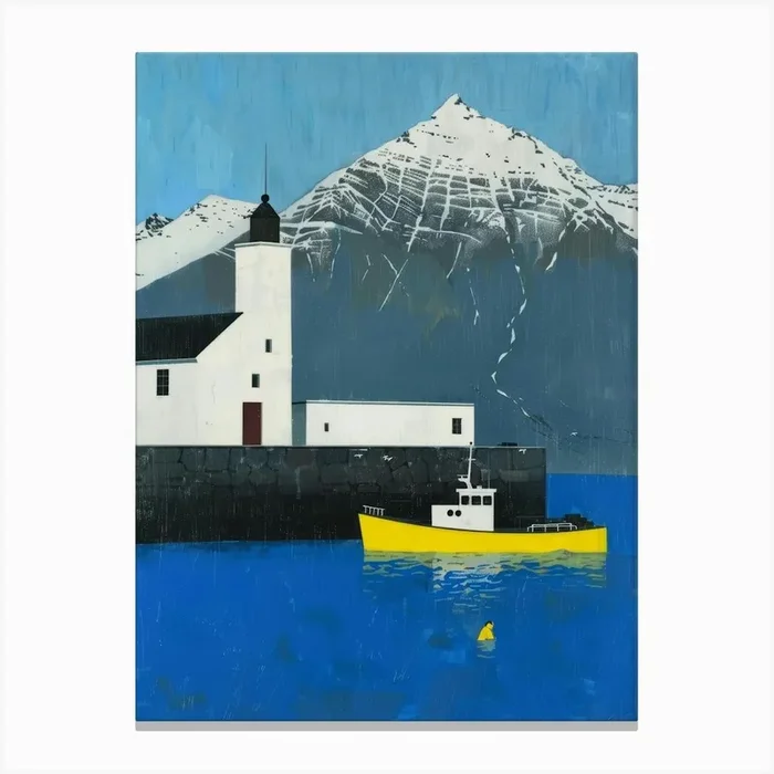 Yellow Boat And Lighthouse Canvas Print by Moving Clouds Art